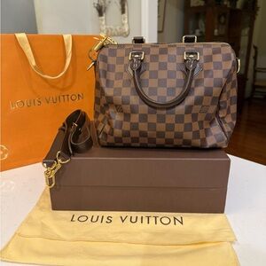 Authentic Louis Vuitton Brown Speedy Satchel with Iconic Damier Ebene Canvas